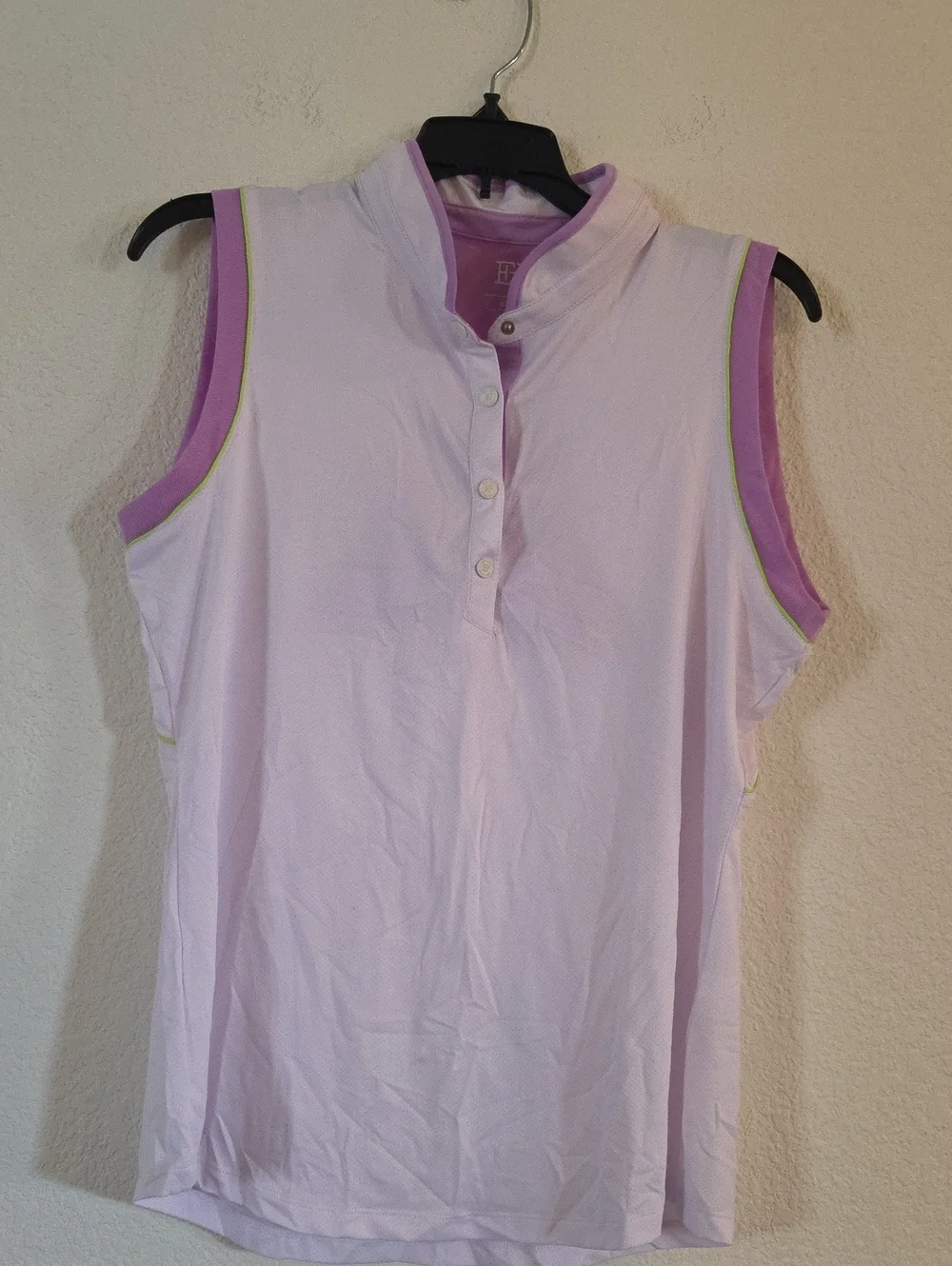 Sleeveless White Polo Tank with Purple and Green Trim